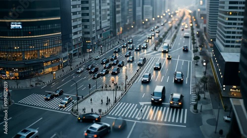 High-angle view of major city avenue during blue hour transition. Traffic and pedestrians create parallel movement patterns beneath towering buildings. 