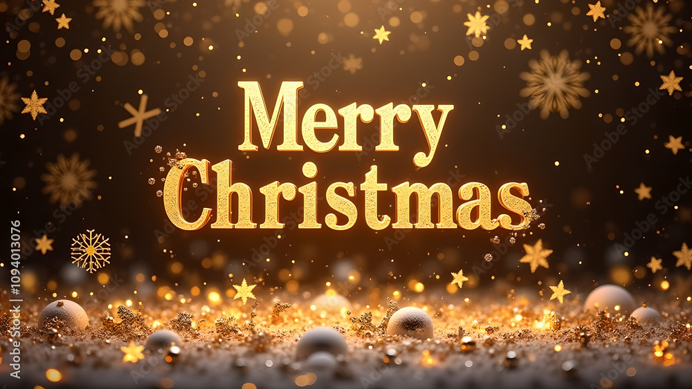 Merry Christmas golden text with festive decoration. Concept of winter holidays, celebration, and joy.