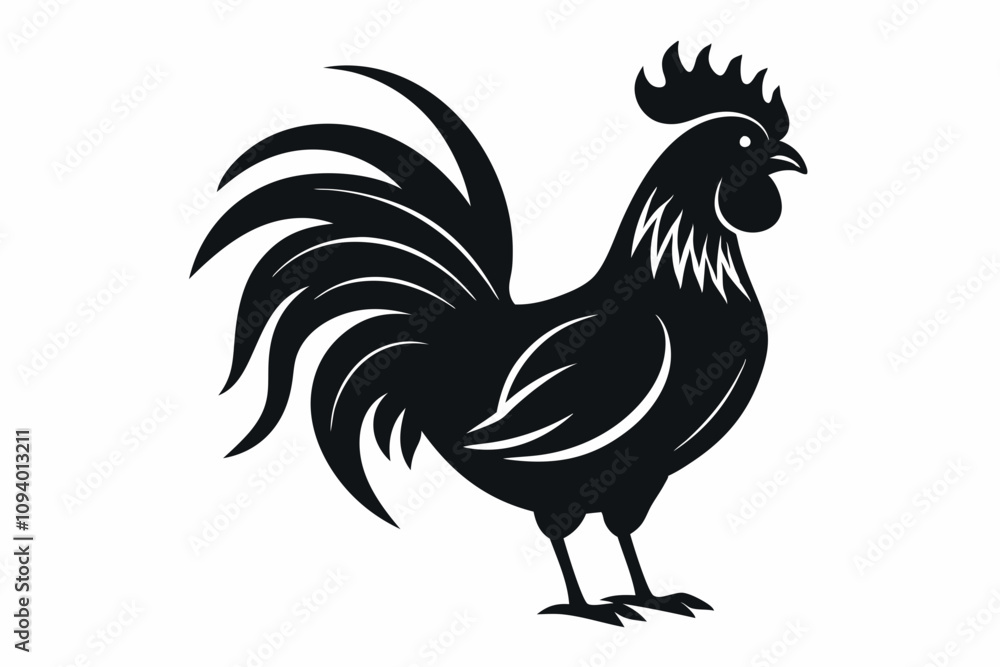 A black and white silhouette of a rooster with a black tail A black and white silhouette of a rooster with a black tail