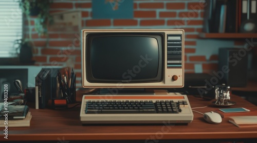 Vintage Desktop Computer Displaying Retro Design in Cozy Workspace with Books and Stationery Elements for Nostalgic Technology Theme