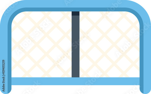 Blue hockey goal with empty net standing on white background, front view