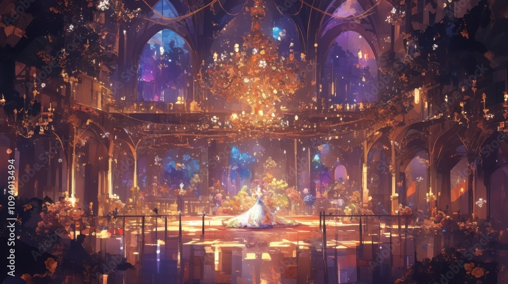 Obraz premium The sparkling chandelier in the ballroom created vibrant reflections on the polished dance floor adding an extra touch of elegance to the evening soiree.