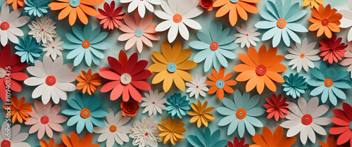 top-down of colorful paper flowers on a light sky-blue colored background