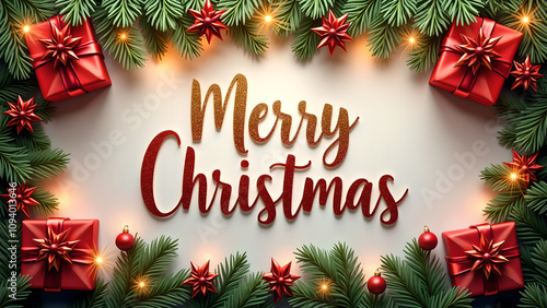 Merry Christmas greeting with fir branches and gifts. Holiday concept.