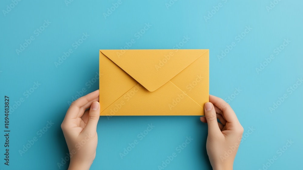 Fototapeta premium startup hiring concept. A person holding a yellow envelope against a vibrant blue background, symbolizing communication and connection.