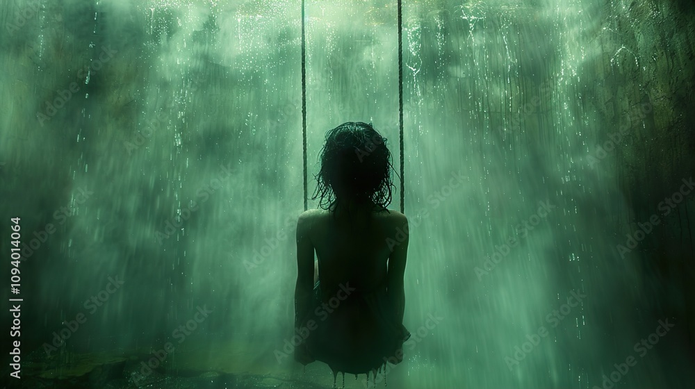 Silhouette of a Woman Sitting on a Swing in Front of a Waterfall Silhouette of a Woman Sitting on a Swing in Front of a Waterfall