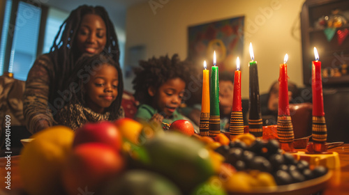 family gathered around a table with burning Kinara candles in red, black, and green, surrounded by traditional African decorations and fresh fruit, kwanza day, Ai generated images photo