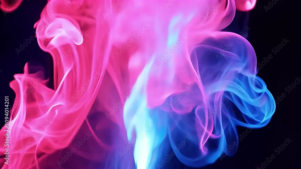 Vibrant pink and blue smoke swirls against a dark background, creating an ethereal atmosphere. Vibrant pink and blue smoke swirls against a dark background, creating an ethereal atmosphere.