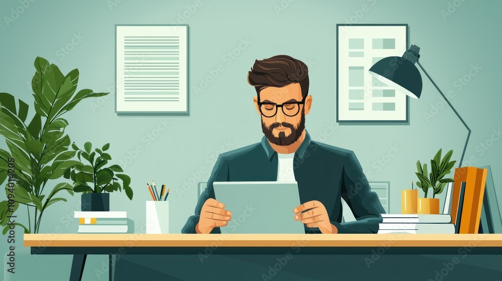 Young Man Working at Home Office with Tablet Surrounded by Houseplants and Organized Desk in a Modern Workspace Young Man Working at Home Office with Tablet Surrounded by Houseplants and Organized Desk in a Modern Workspace