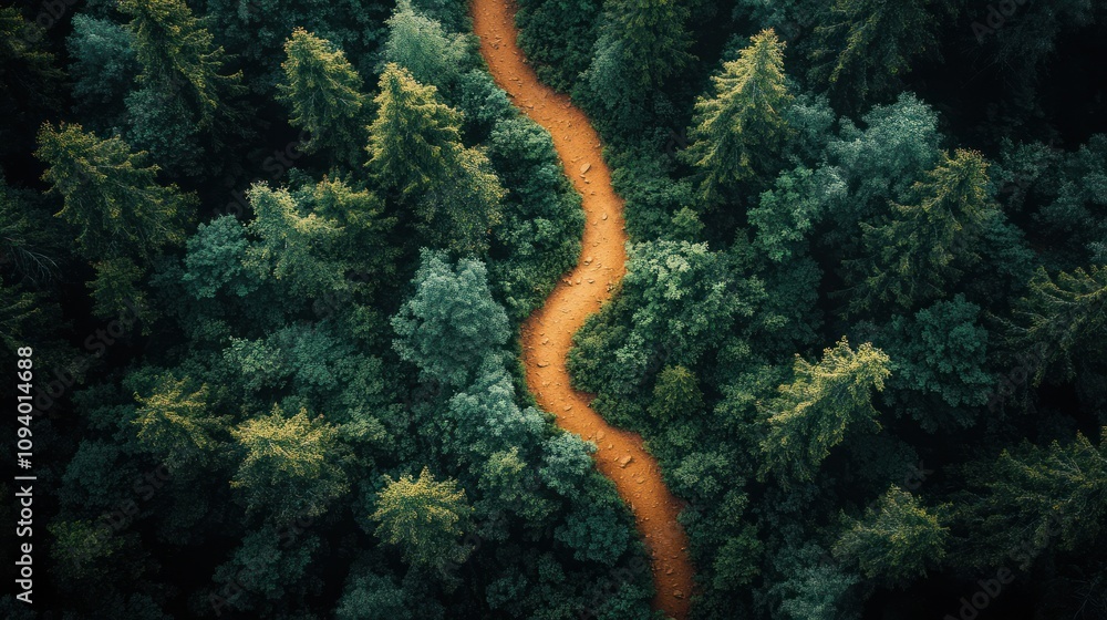 Aerial view of a winding path through a dense forest. Aerial view of a winding path through a dense forest.
