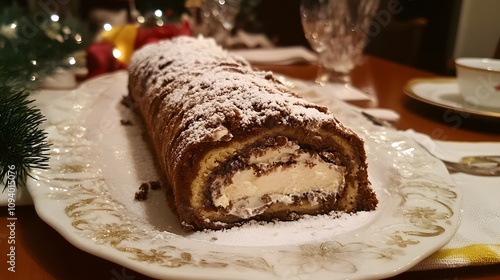 87. Chocolate roulade with a whipped cream filling and powdered sugar dusting photo