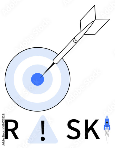 Target hit by dart surrounded by letters spelling RISK with a warning symbol and rocket. Ideal for risk assessment, strategic planning, business goals, decision making, leadership, innovation