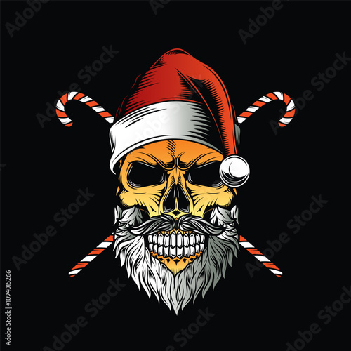 Skull with beard and mustache in Santa Claus hat. Christmas and New Year poster. Original vector illustration in vintage style. T-shirt design.