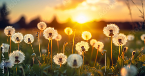 Golden hour illuminates numerous fluffy dandelion clocks in a field at sunset photo