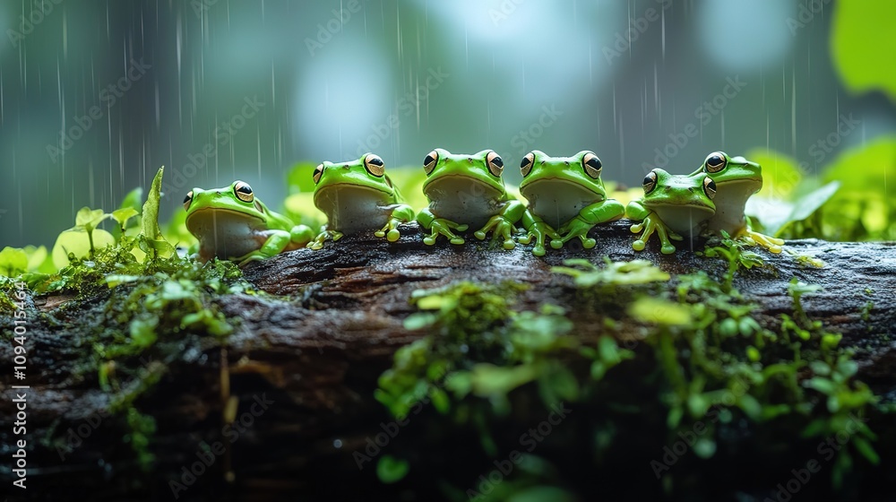 Naklejka premium Five green tree frogs sit on a log in the rain.
