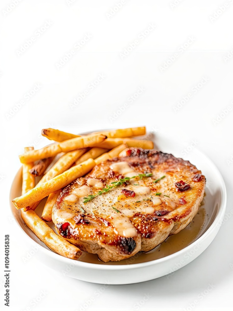 pork chop with fries isolated on a white background for web, print or creative projects pork chop with fries isolated on a white background for web, print or creative projects