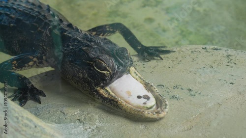 Famous Jawless Alligator Jawlene Resting on Rock with Sharp Teeth in Murky Green Pond in US Florida photo