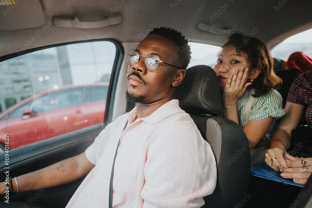 A group of diverse business people in a car, commuting through the urban city. The atmosphere is casual and friendly, highlighting everyday work life and multicultural teamwork. A group of diverse business people in a car, commuting through the urban city. The atmosphere is casual and friendly, highlighting everyday work life and multicultural teamwork.