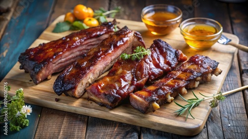 Glazed BBQ Pork Ribs with Herbs on a Wooden Cutting Board