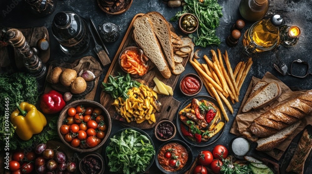 A vibrant assortment of fresh foods arranged for a meal preparation or culinary display. A vibrant assortment of fresh foods arranged for a meal preparation or culinary display.