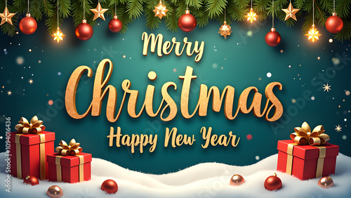 Merry Christmas and Happy New Year greeting card with gifts and ornaments. Holiday celebration concept.