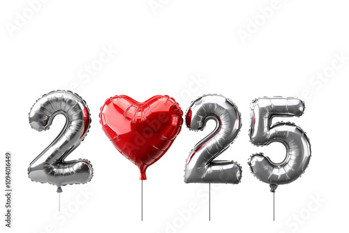 2025 in silver foil balloons with red heartshaped balloons PNG transparent background for Happy new year 2025 covcept