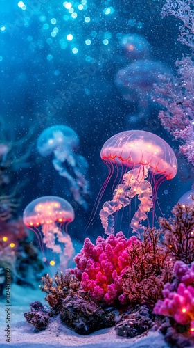 Captivating image of a school of luminescent jellyfish gracefully drifting through a vibrant underwater coral reef ecosystem creating a mesmerizing and ethereal scene full of mystery and wonder