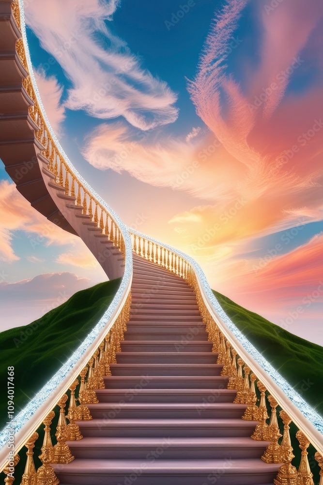 Obraz premium A majestic stairway, crafted from gleaming white marble, ascends to the heavens, its delicate banisters vanishing into the vibrant hues of dawn as the sun rises over the horizon. The stairs are , ai