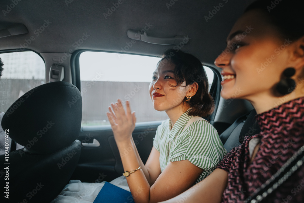 Two international business professionals engage in conversation during a car ride through an urban city. Their expressions reflect excitement and connection, emphasizing teamwork and collaboration on Two international business professionals engage in conversation during a car ride through an urban city. Their expressions reflect excitement and connection, emphasizing teamwork and collaboration on
