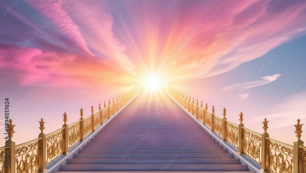 Obraz premium A majestic stairway, crafted from gleaming white marble, ascends to the heavens, its delicate banisters vanishing into the vibrant hues of dawn as the sun rises over the horizon. The stairs are , ai