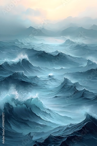 A stunning depiction of tumultuous ocean waves, showcasing varying shades of blue and teal. The scene conveys a sense of power and serenity in nature's beauty.