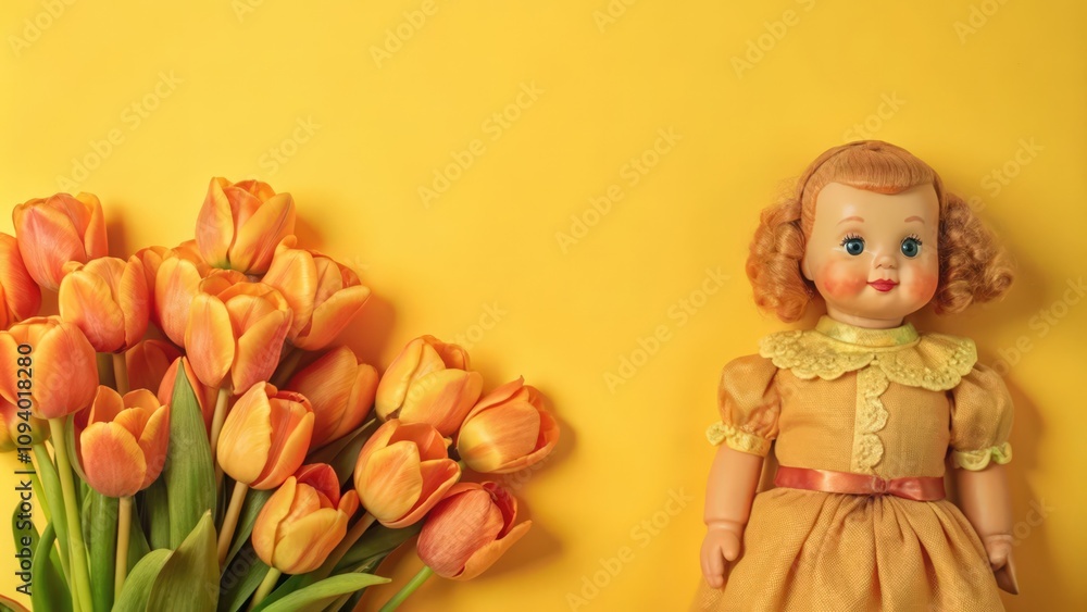 Fototapeta premium Vintage Doll and Orange Tulips on a Yellow Background