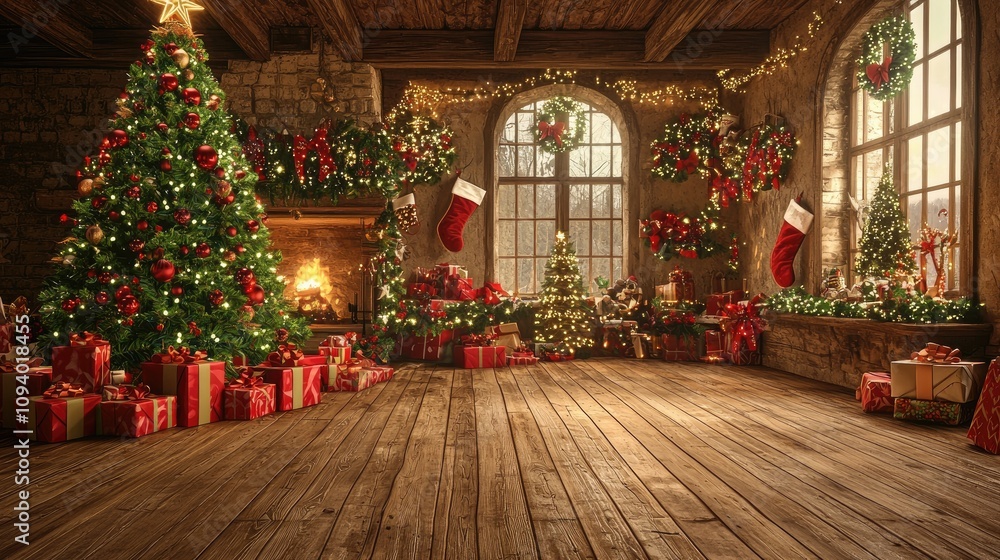 custom made wallpaper toronto digitaldigital photography backdrop, a living room with a wooden floor, a Christmas tree and lots of Christmas decorations, fairytale atmosphere