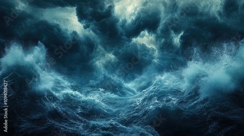 A turbulent ocean scene with dark, stormy clouds and crashing waves.