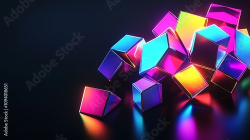 Vibrant, colorful, glossy cubes scattered on a dark reflective surface.