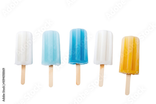 Set of vibrant ice pops in various colors, including white, blue, and yellow, showcase a delicious summer treat perfect for enjoying on a hot day. Each pop is mounted on a wooden stick photo