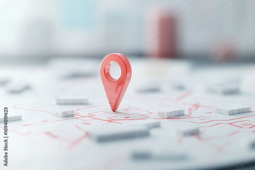 Fototapeta premium A red location marker positioned over a detailed map layout illustrates navigation options while emphasizing important geographic points