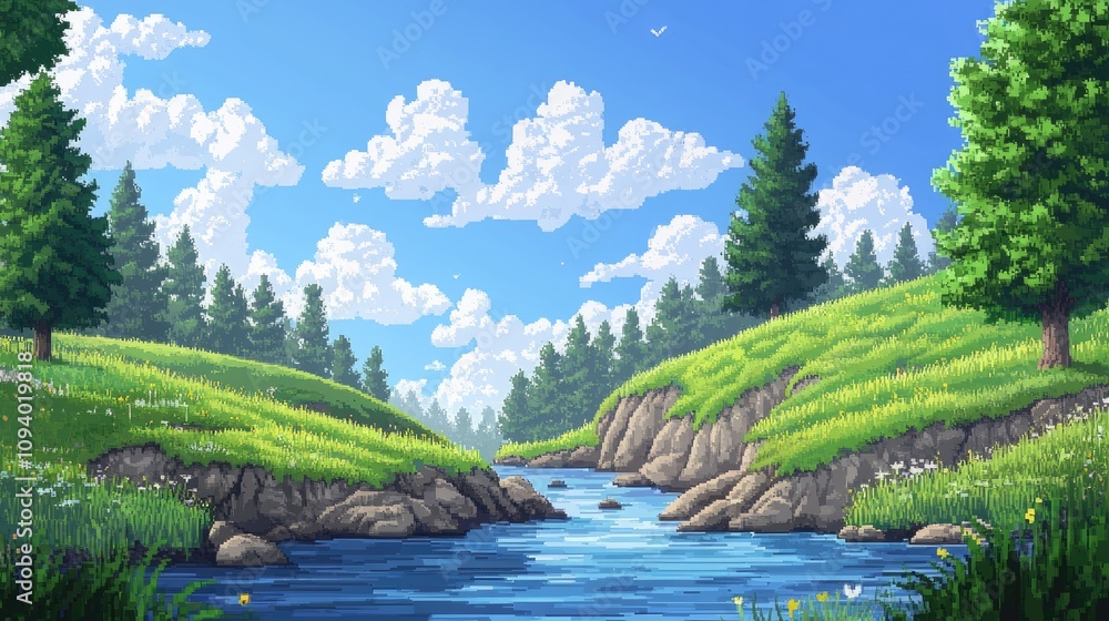 Naklejka premium A beautiful pixel art landscape featuring a tranquil river, pixel trees, and rolling hills under a pixel-perfect sky.