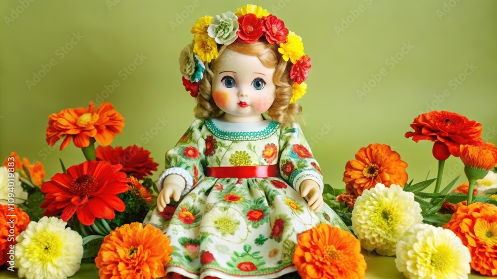 Porcelain Doll Adorned with Flowers in a Floral Dress Porcelain Doll Adorned with Flowers in a Floral Dress