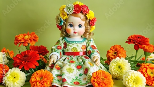 Porcelain Doll Adorned with Flowers in a Floral Dress