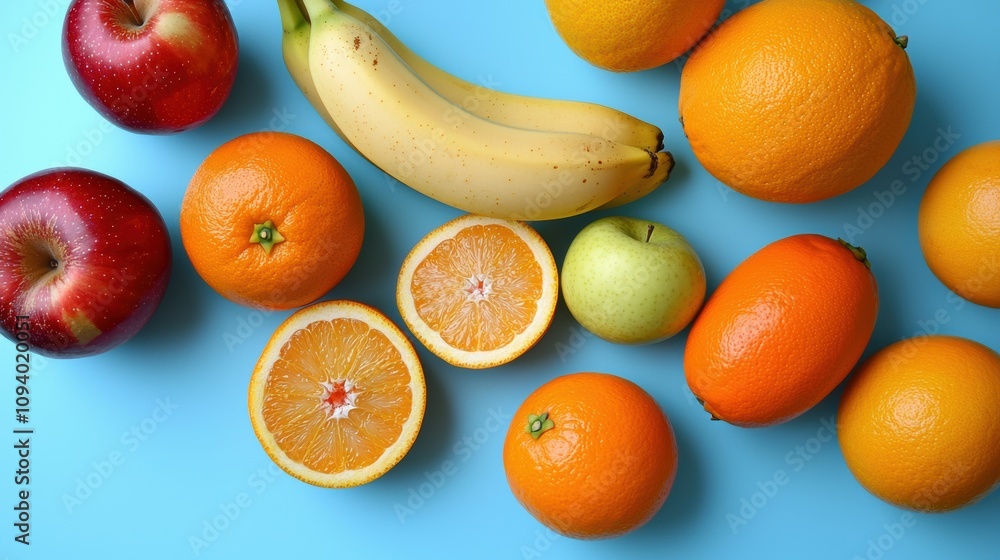 Fresh fruit display bananas apples oranges on blue background food photography bright environment vibrant concept Fresh fruit display bananas apples oranges on blue background food photography bright environment vibrant concept