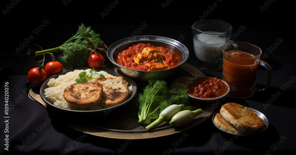 Delicious Indian meal featuring spicy curry, rice, and traditional breads served on a metal platter with fresh vegetables and drinks illuminated by soft lighting Delicious Indian meal featuring spicy curry, rice, and traditional breads served on a metal platter with fresh vegetables and drinks illuminated by soft lighting