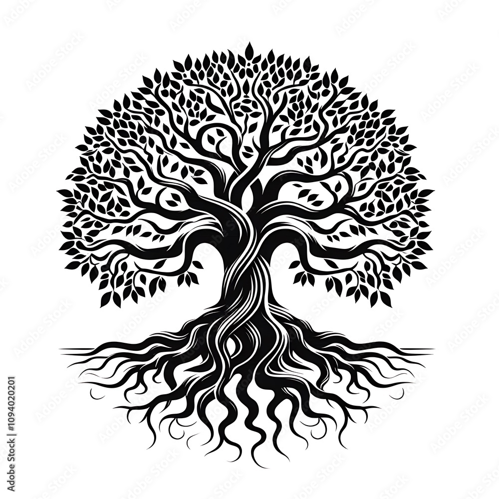 Black and white illustration of a large tree with sprawling roots and branches, symbolizing growth, strength, and nature.
