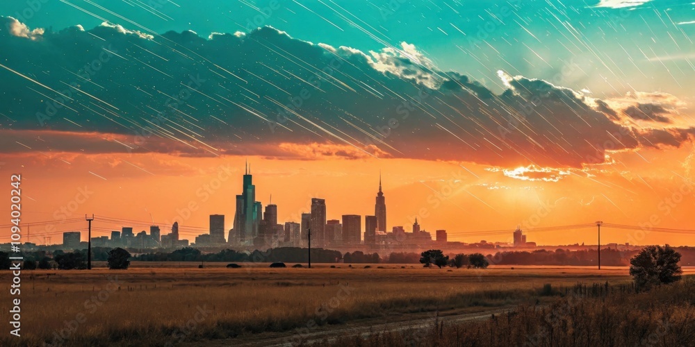Fototapeta premium Distant Horizon A scenic shot of distant city buildings against a setting sun where streaks of orange and teal clash dramatically. Glitch effects weave through the clouds above