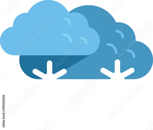 Simple stylized blue cloud casting a shadow with snowflakes falling to the ground, winter weather concept