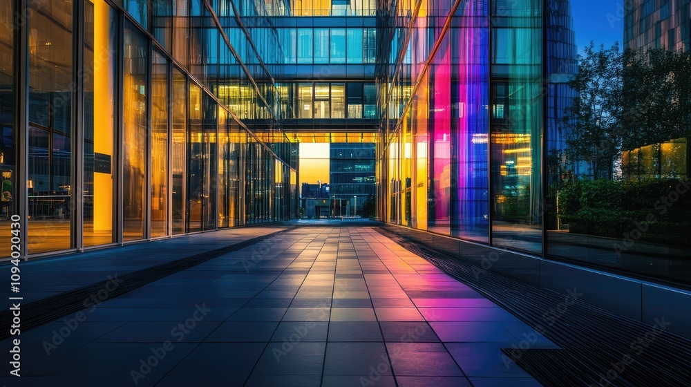 A brightly lit urban pathway reflects shimmering colors as dusk falls over the glass facade of a modern office building. A brightly lit urban pathway reflects shimmering colors as dusk falls over the glass facade of a modern office building.