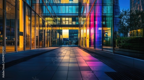 A brightly lit urban pathway reflects shimmering colors as dusk falls over the glass facade of a modern office building.