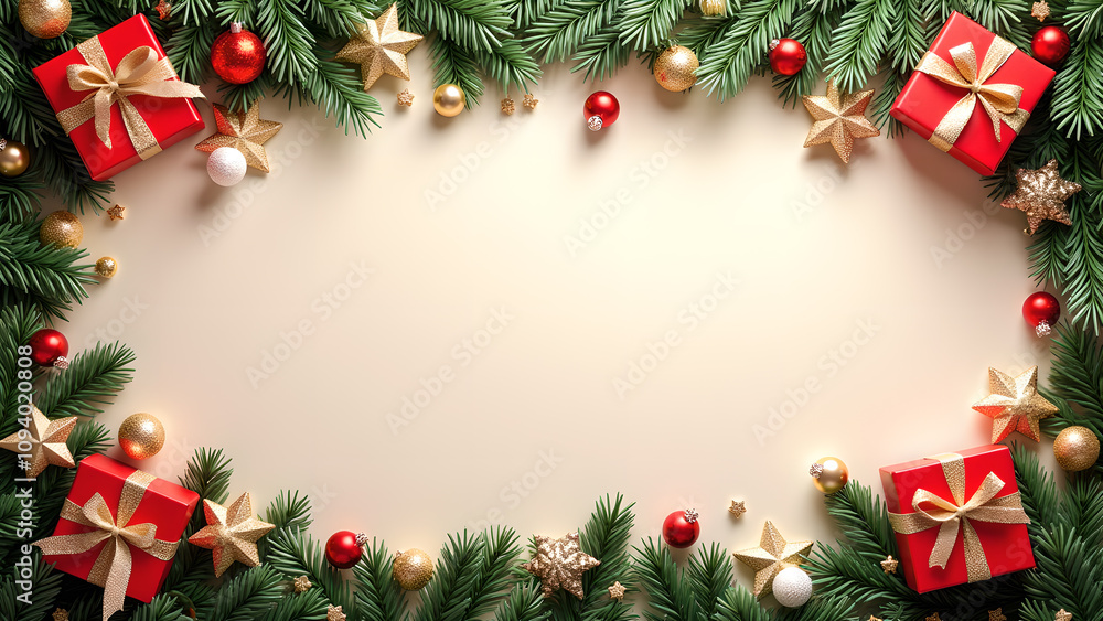 Christmas frame with fir branches, gifts, and ornaments. Concept of winter holidays, celebration, and festive season. Christmas frame with fir branches, gifts, and ornaments. Concept of winter holidays, celebration, and festive season.