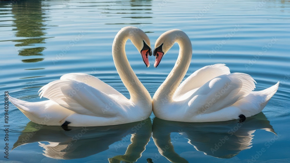 Obraz premium Two elegant swans create a heart shape with their necks, gliding gracefully on tranquil water, symbolizing love and harmony.