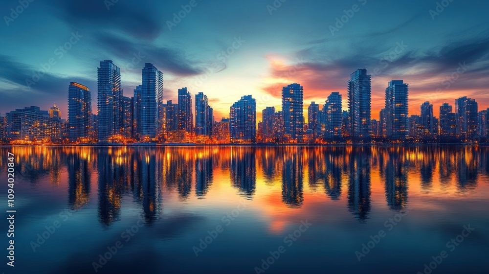 Obraz premium A vibrant city skyline reflected in water at sunset, showcasing urban architecture and colors.